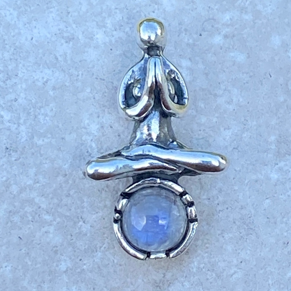 Namaste 3D Yoga sculpted pendant .925 Sterling Silver with Rainbow Moonstone USA